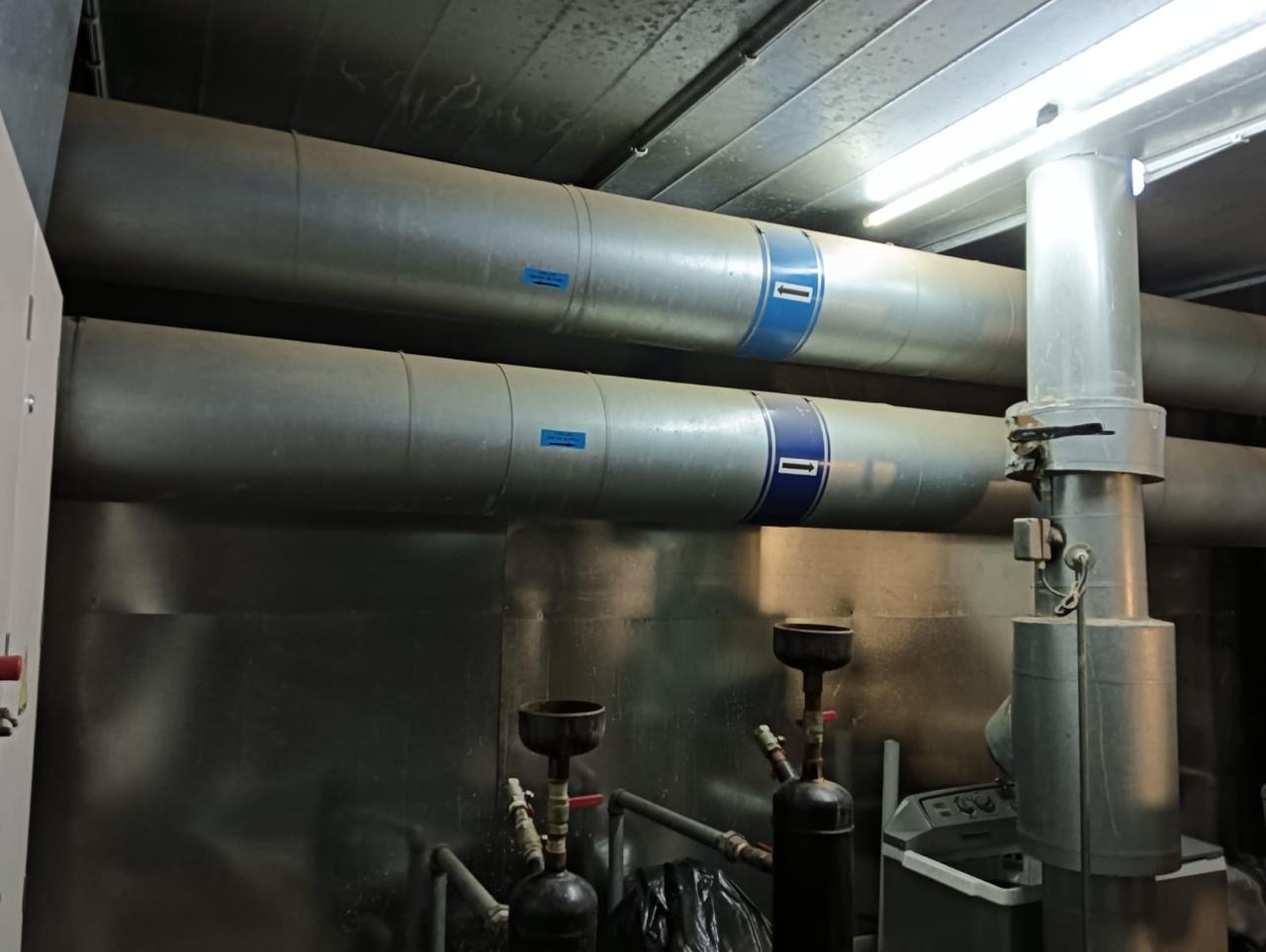 Plant room with spiral ducting and refrigeration equipment